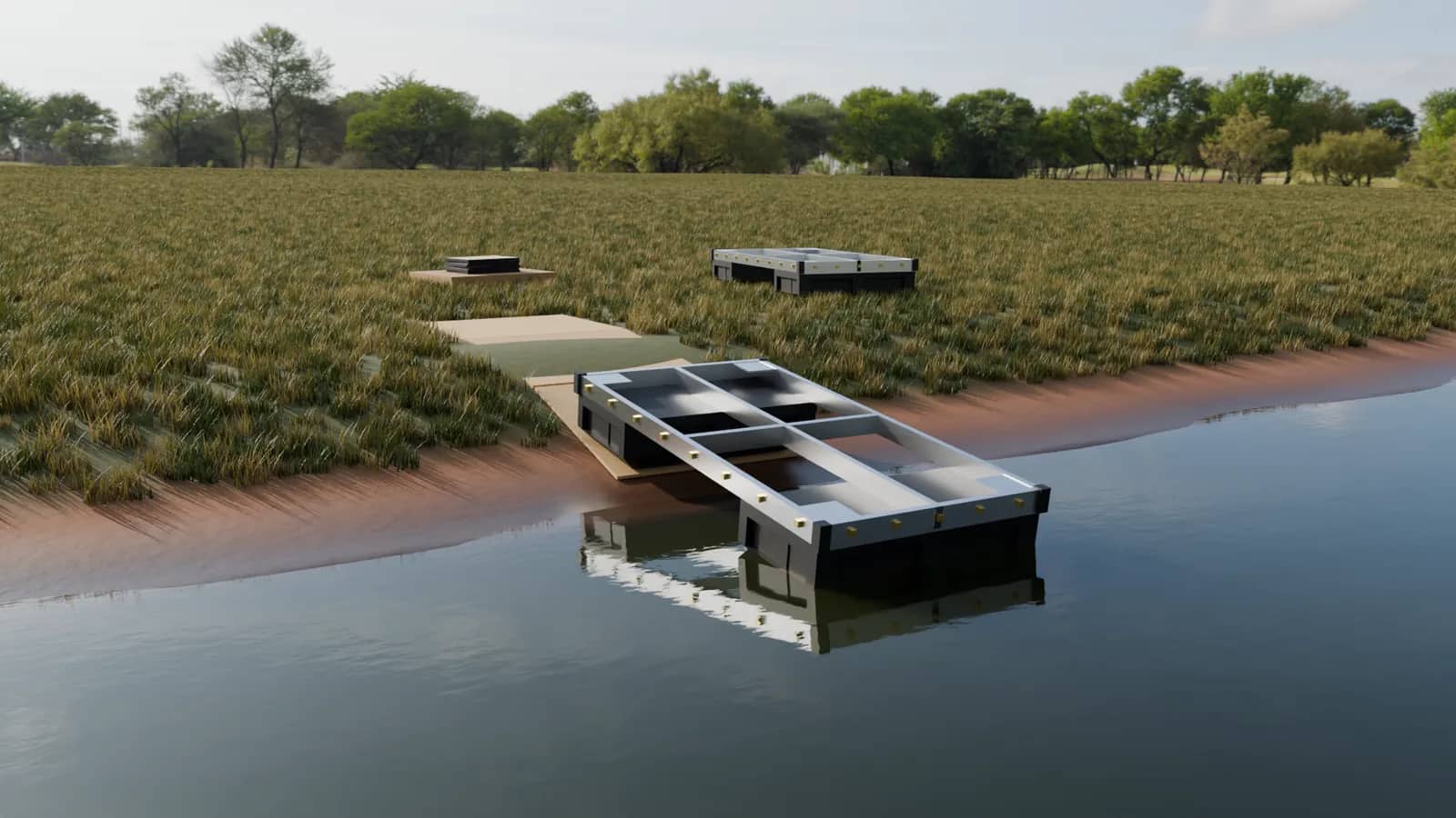 Patriot floating dock sections without decking at the edge of a Texas pond: one sliding into the water over a plywood path, another assembled on the grass, and decking panels stacked on a pallet
