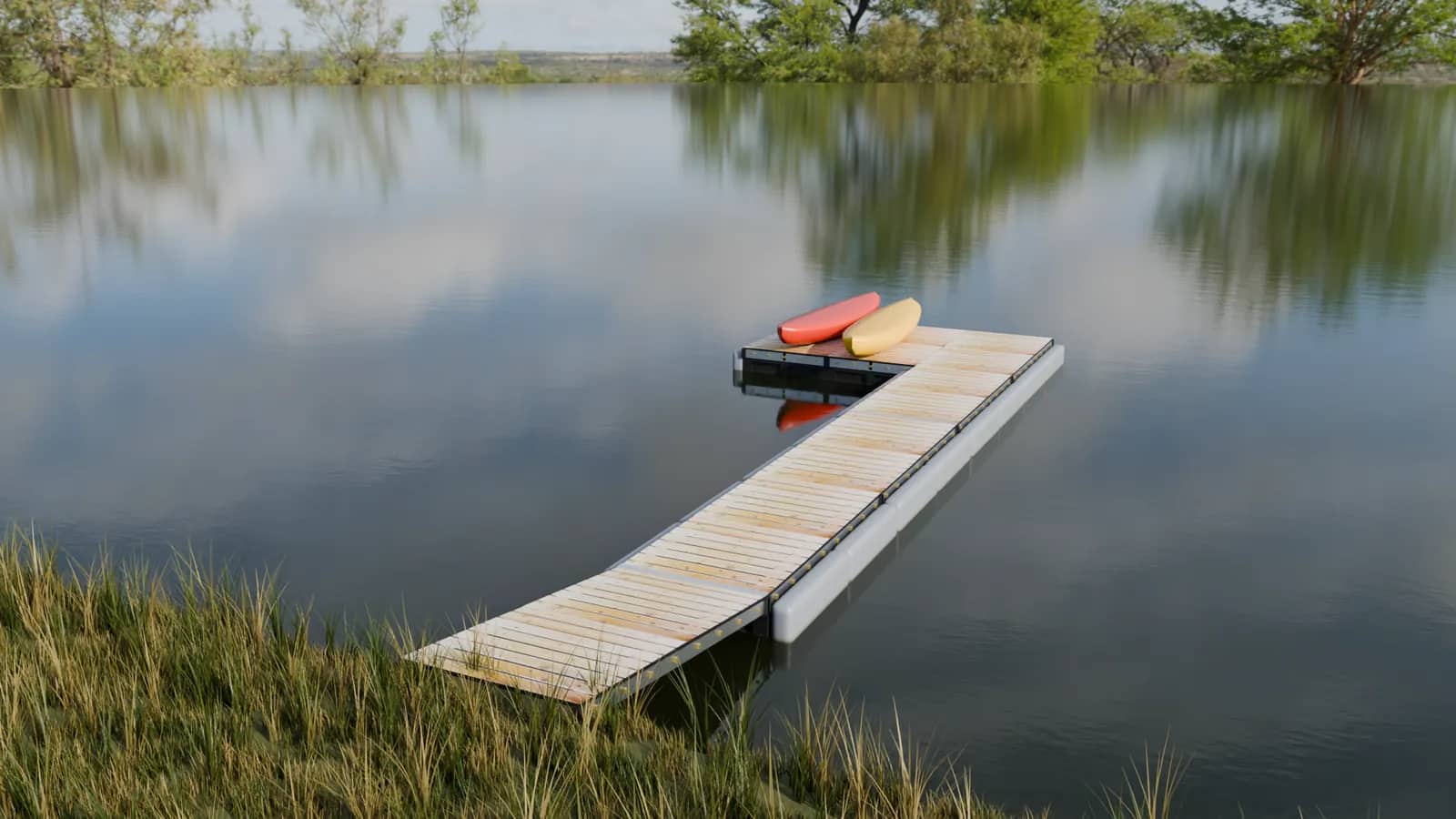 A Patriot double patio premium floating dock on a Texas lake, two kayaks resting on its wide end platform