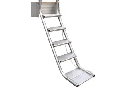 5 step aluminum stair ladder set at a 50 degree angle off a dock edge
