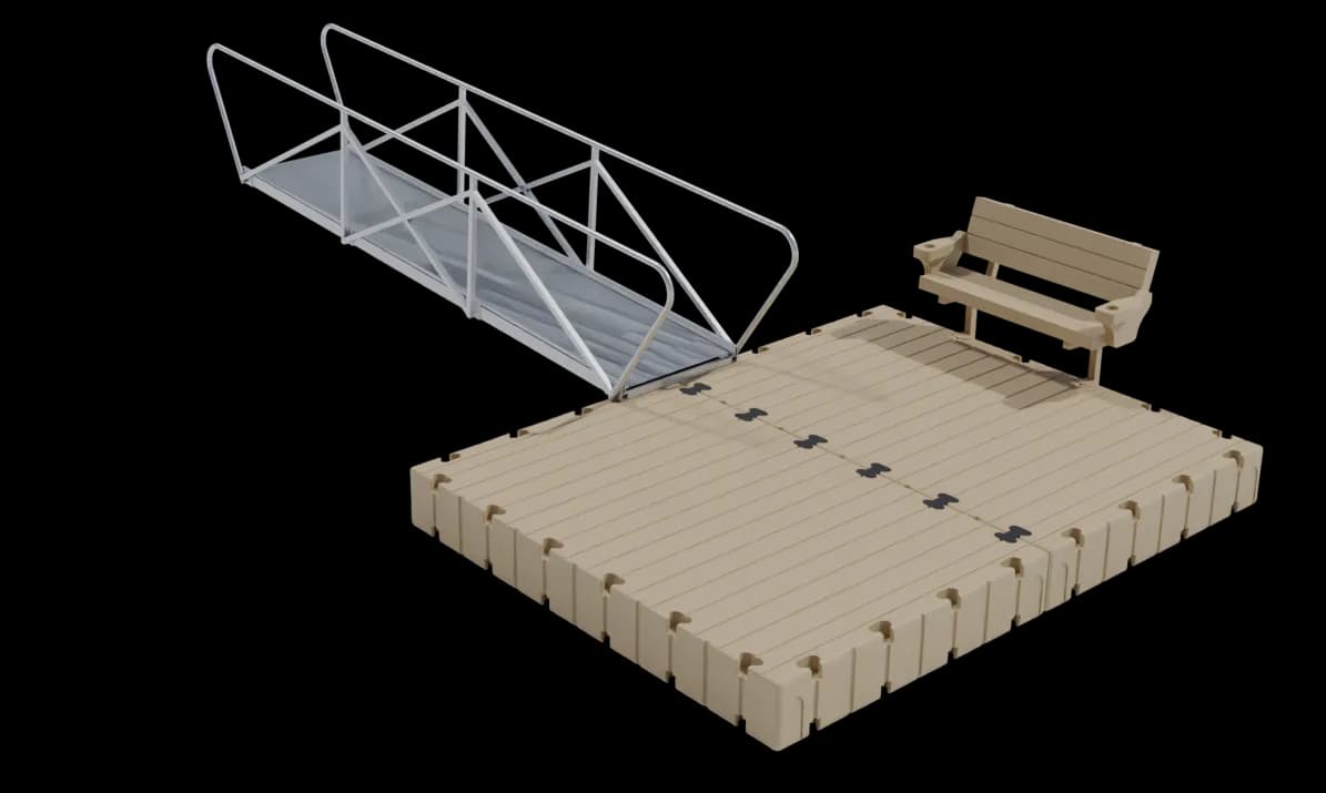 EZ Dock Bass Angler kit, product render of the full layout: a tan floating platform of two sections with a bench at the end of a railed approach walkway running to shore