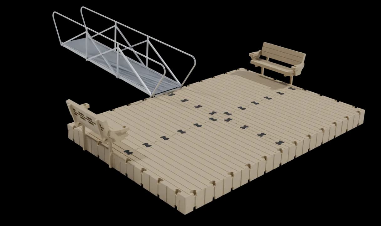 EZ Dock Catfish Camp kit, product render of the full layout: the widest tan floating platform with two benches and a railed approach walkway running to shore