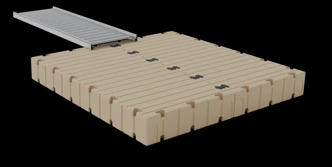 EZ Dock Crappie Cove kit, product render of the full layout: a square tan floating platform with an open approach walkway, no handrails, running to shore