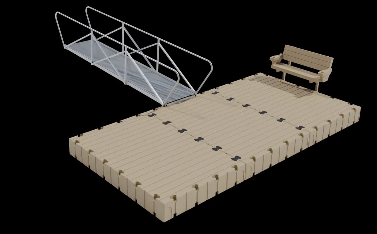 EZ Dock Redear Retreat kit, product render of the full layout: a long tan floating platform with a bench and a railed approach walkway running to shore