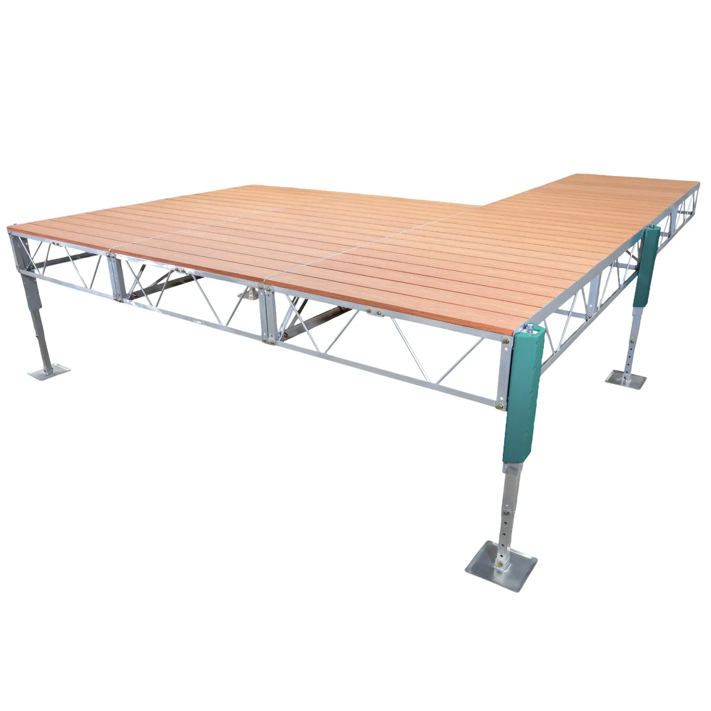 Patriot Docks double patio stationary jack dock with brown aluminum decking on an aluminum truss frame with adjustable jack legs, product photo