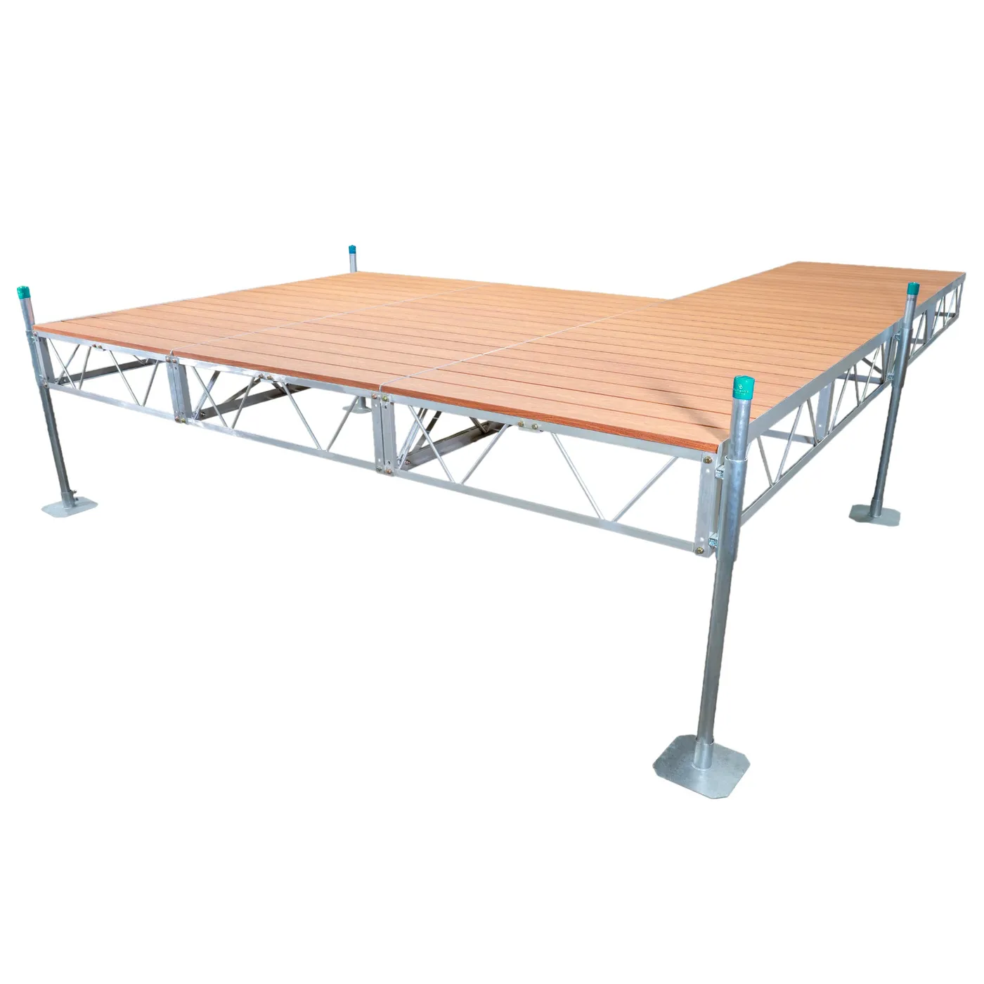 Patriot Docks double patio stationary pipe dock with brown aluminum decking on an aluminum truss frame with galvanized pipe legs, product photo