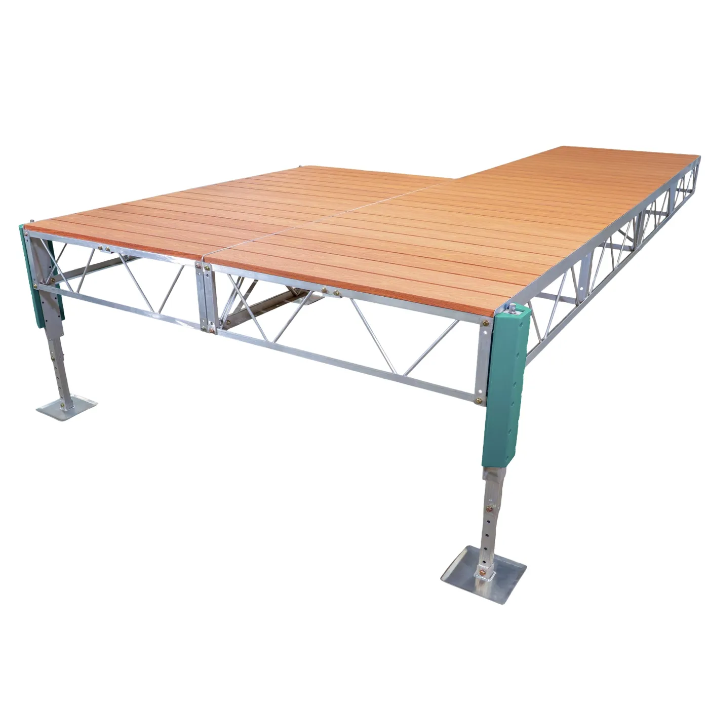 Patriot Docks patio stationary jack dock with brown aluminum decking on an aluminum truss frame with adjustable jack legs, product photo