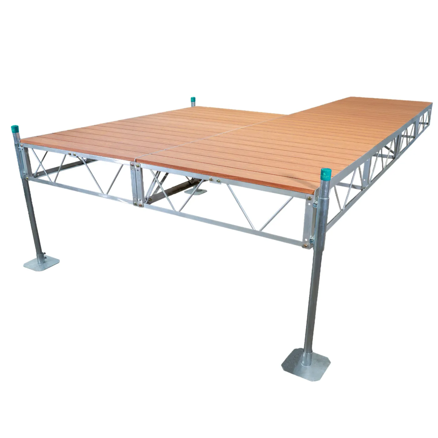 Patriot Docks patio stationary pipe dock with brown aluminum decking on an aluminum truss frame with galvanized pipe legs, product photo