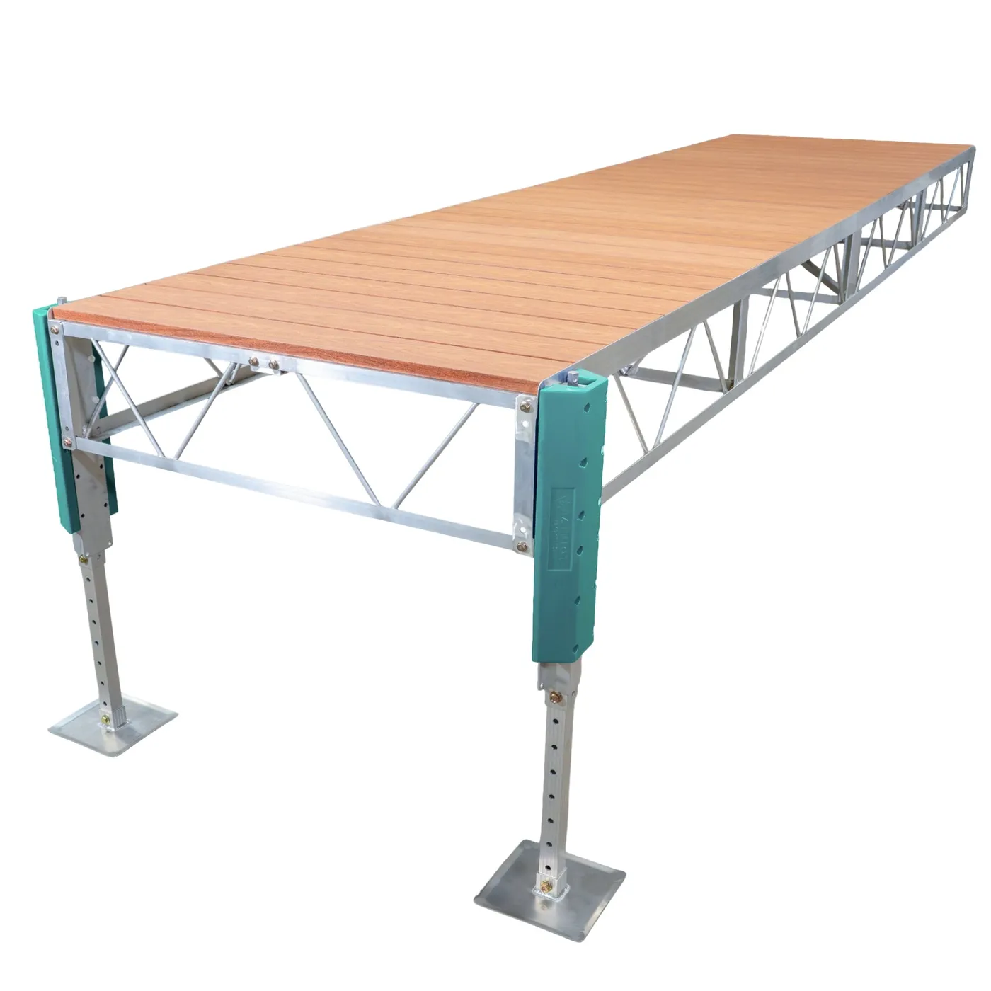 Patriot Docks straight stationary jack dock with brown aluminum decking on an aluminum truss frame with adjustable jack legs, product photo