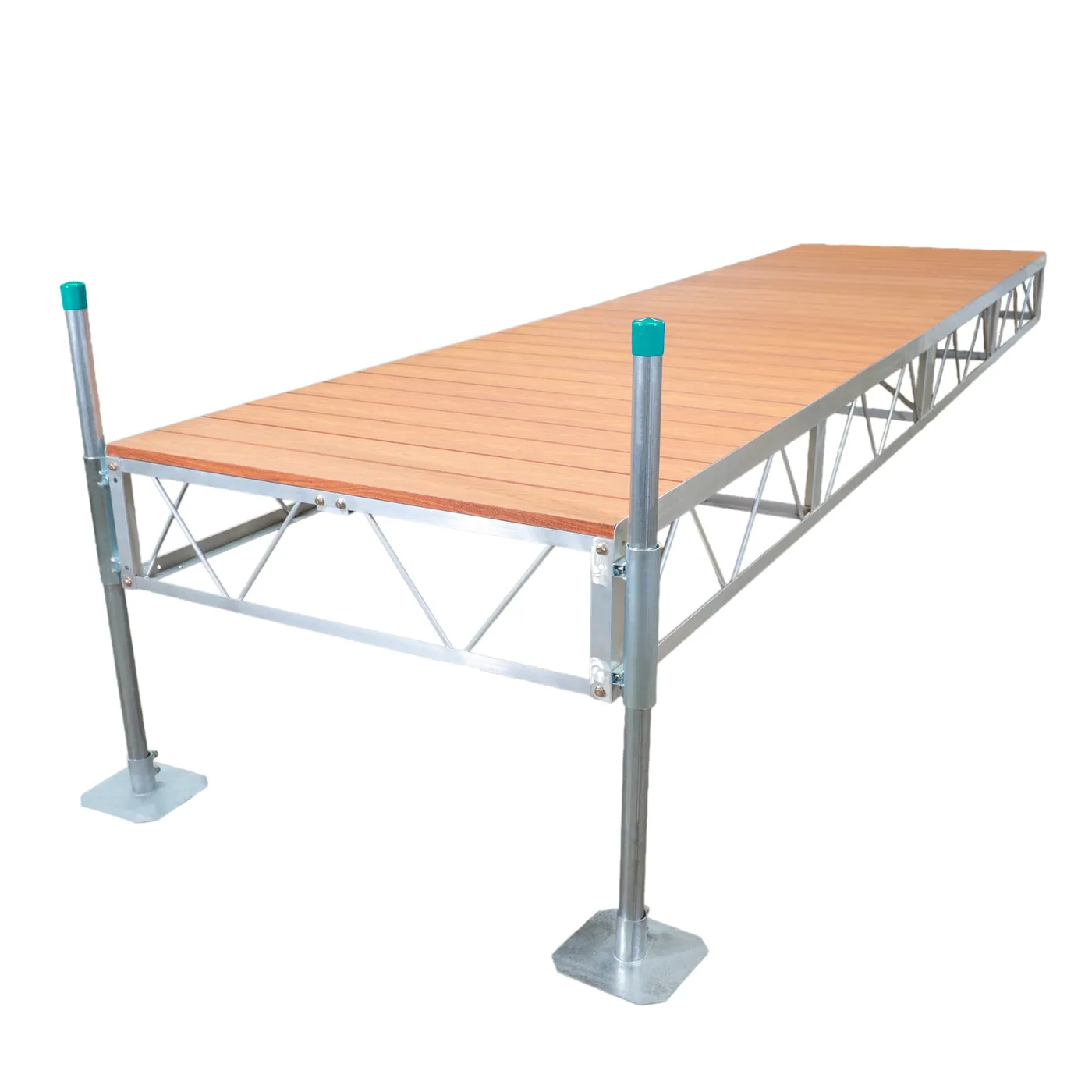 Patriot Docks straight stationary pipe dock with brown aluminum decking on an aluminum truss frame with galvanized pipe legs, product photo