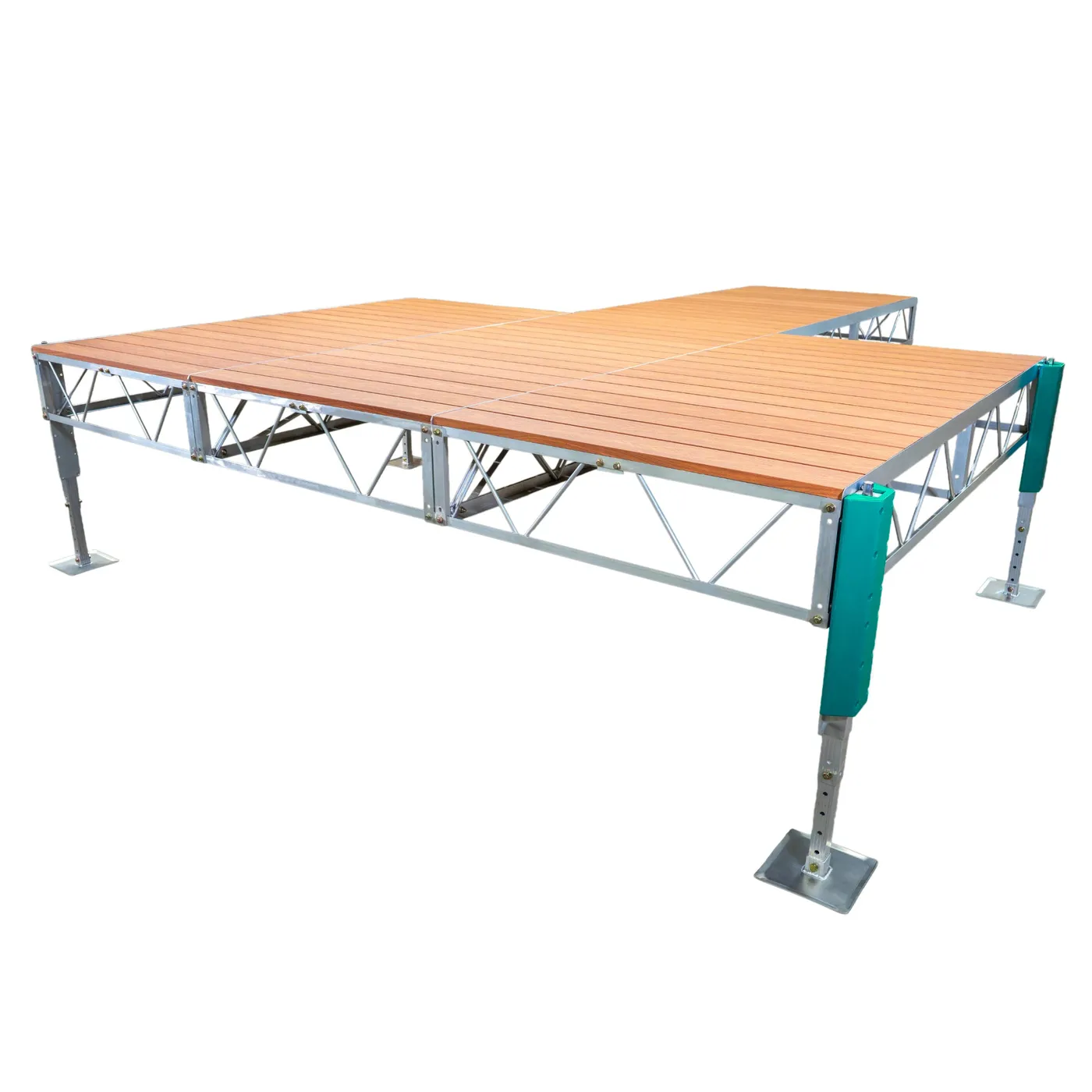 Patriot Docks t-shaped stationary jack dock with brown aluminum decking on an aluminum truss frame with adjustable jack legs, product photo