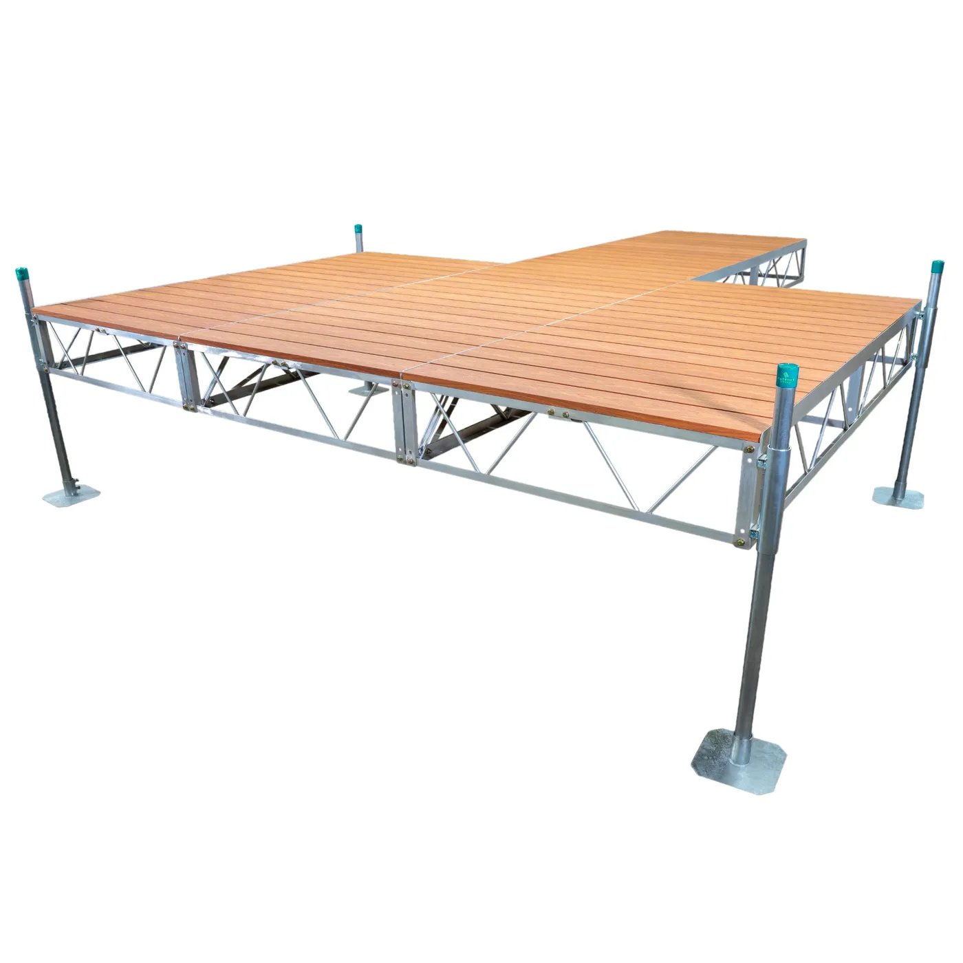 Patriot Docks t-shaped stationary pipe dock with brown aluminum decking on an aluminum truss frame with galvanized pipe legs, product photo