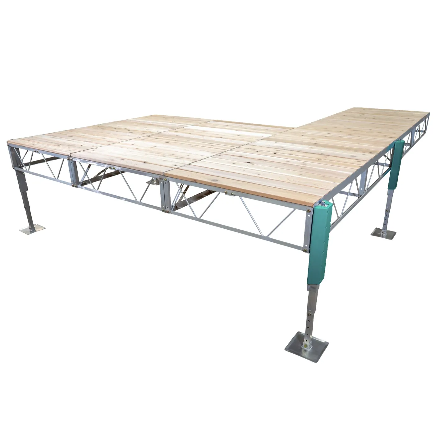 Patriot Docks double patio stationary jack dock with cedar decking on an aluminum truss frame with adjustable jack legs, product photo