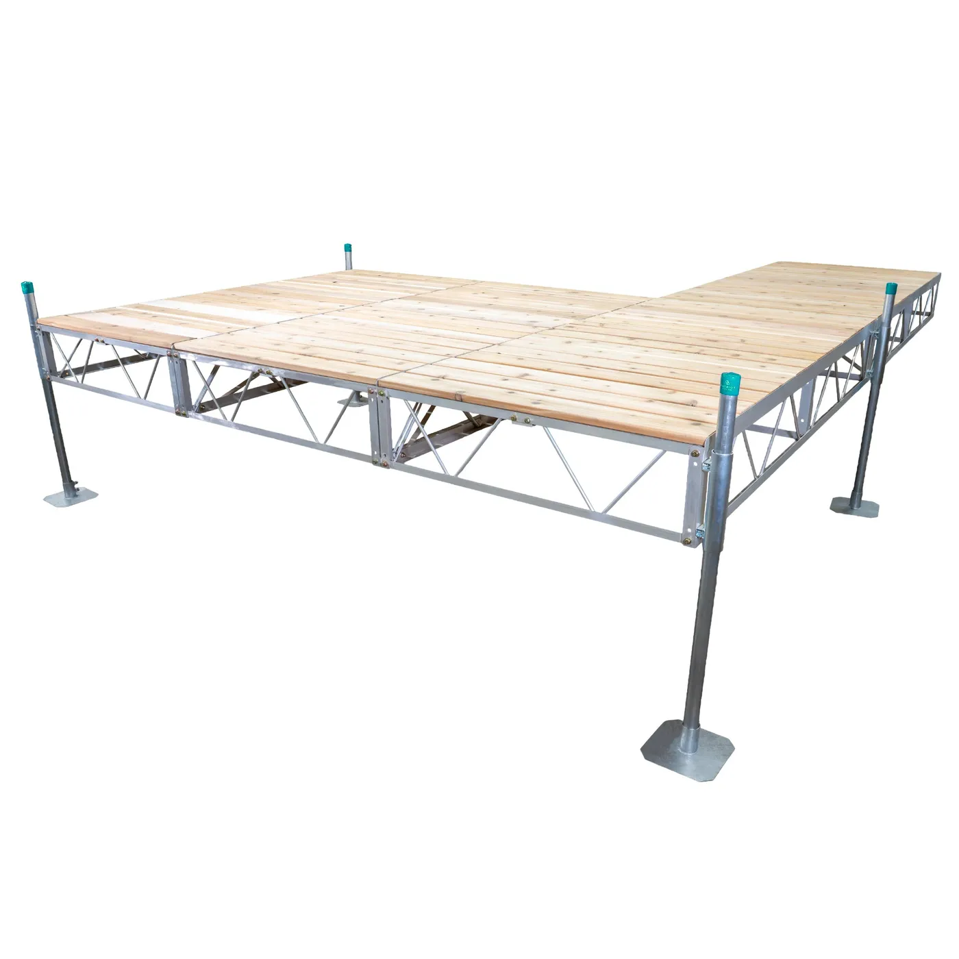Patriot Docks double patio stationary pipe dock with cedar decking on an aluminum truss frame with galvanized pipe legs, product photo