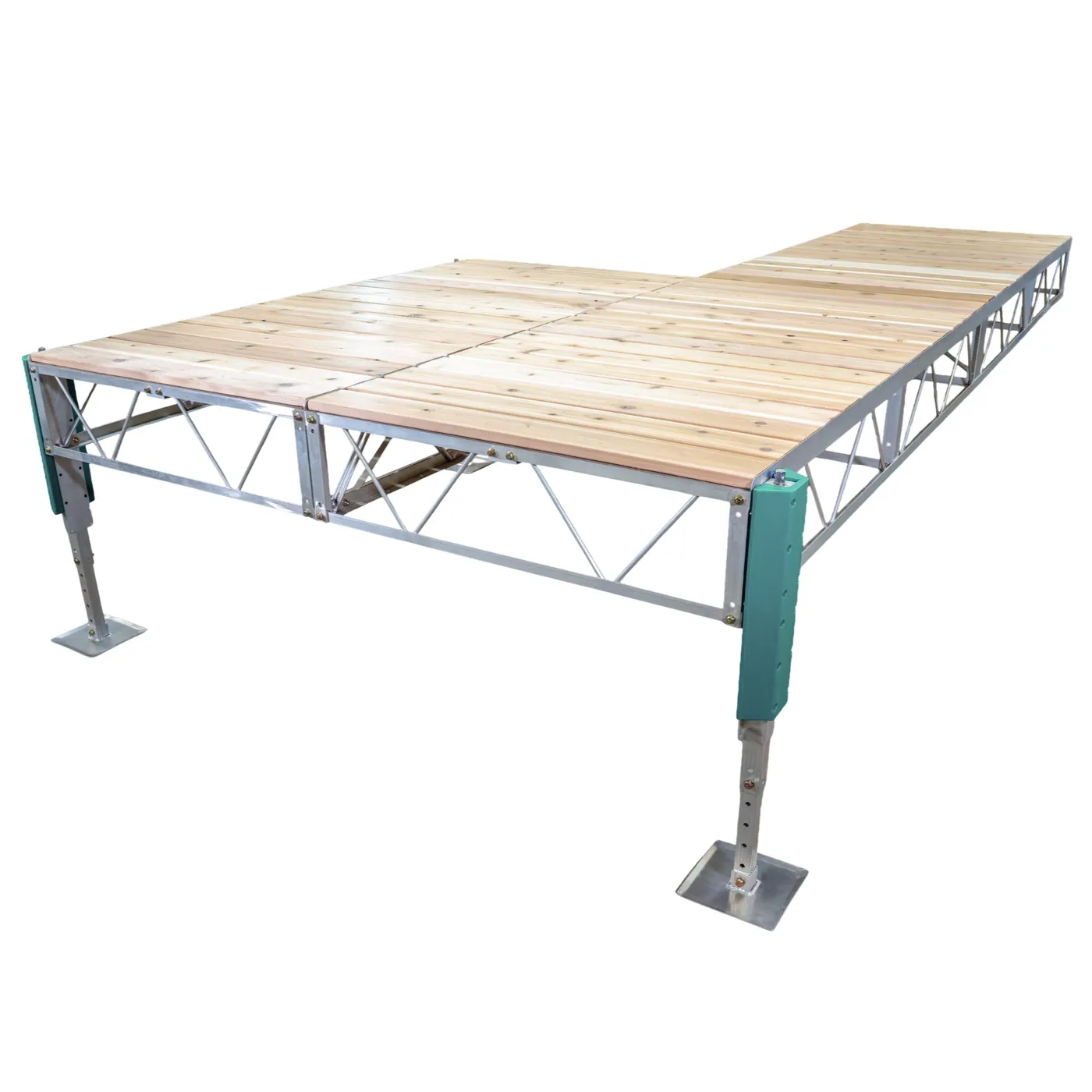 Patriot Docks patio stationary jack dock with cedar decking on an aluminum truss frame with adjustable jack legs, product photo
