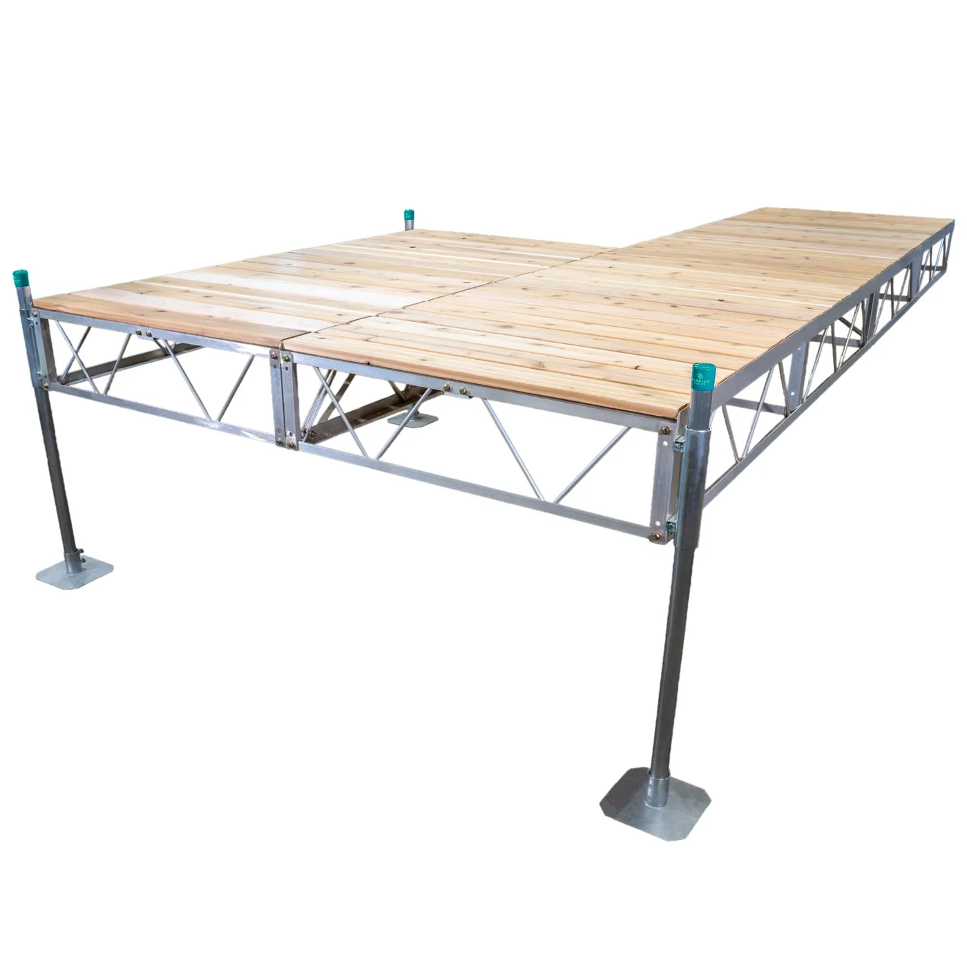 Patriot Docks patio stationary pipe dock with cedar decking on an aluminum truss frame with galvanized pipe legs, product photo