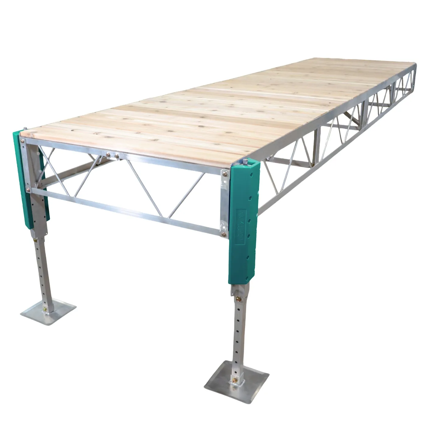 Patriot Docks straight stationary jack dock with cedar decking on an aluminum truss frame with adjustable jack legs, product photo