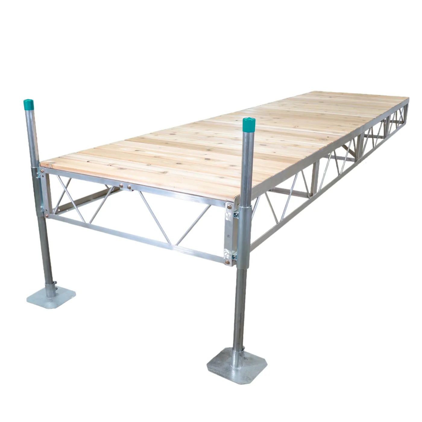 Patriot Docks straight stationary pipe dock with cedar decking on an aluminum truss frame with galvanized pipe legs, product photo