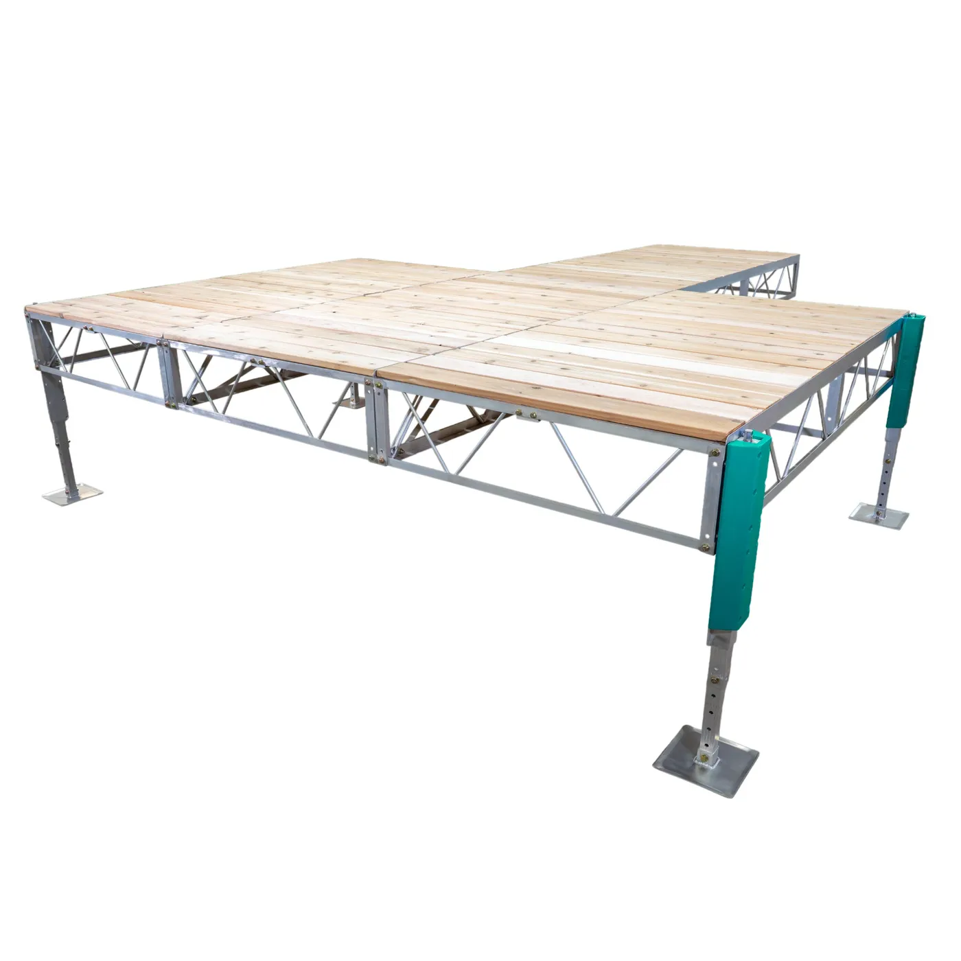 Patriot Docks t-shaped stationary jack dock with cedar decking on an aluminum truss frame with adjustable jack legs, product photo