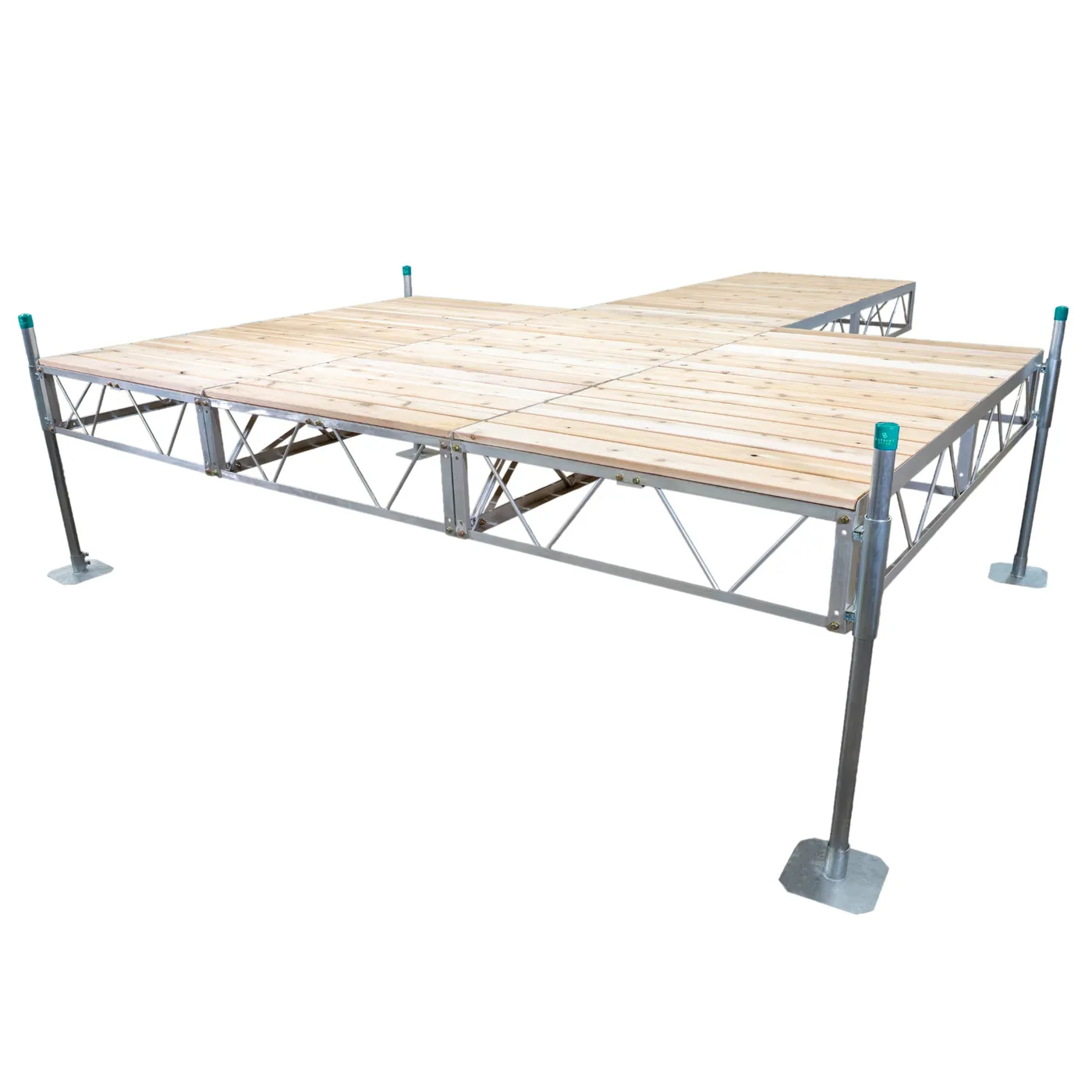 Patriot Docks t-shaped stationary pipe dock with cedar decking on an aluminum truss frame with galvanized pipe legs, product photo