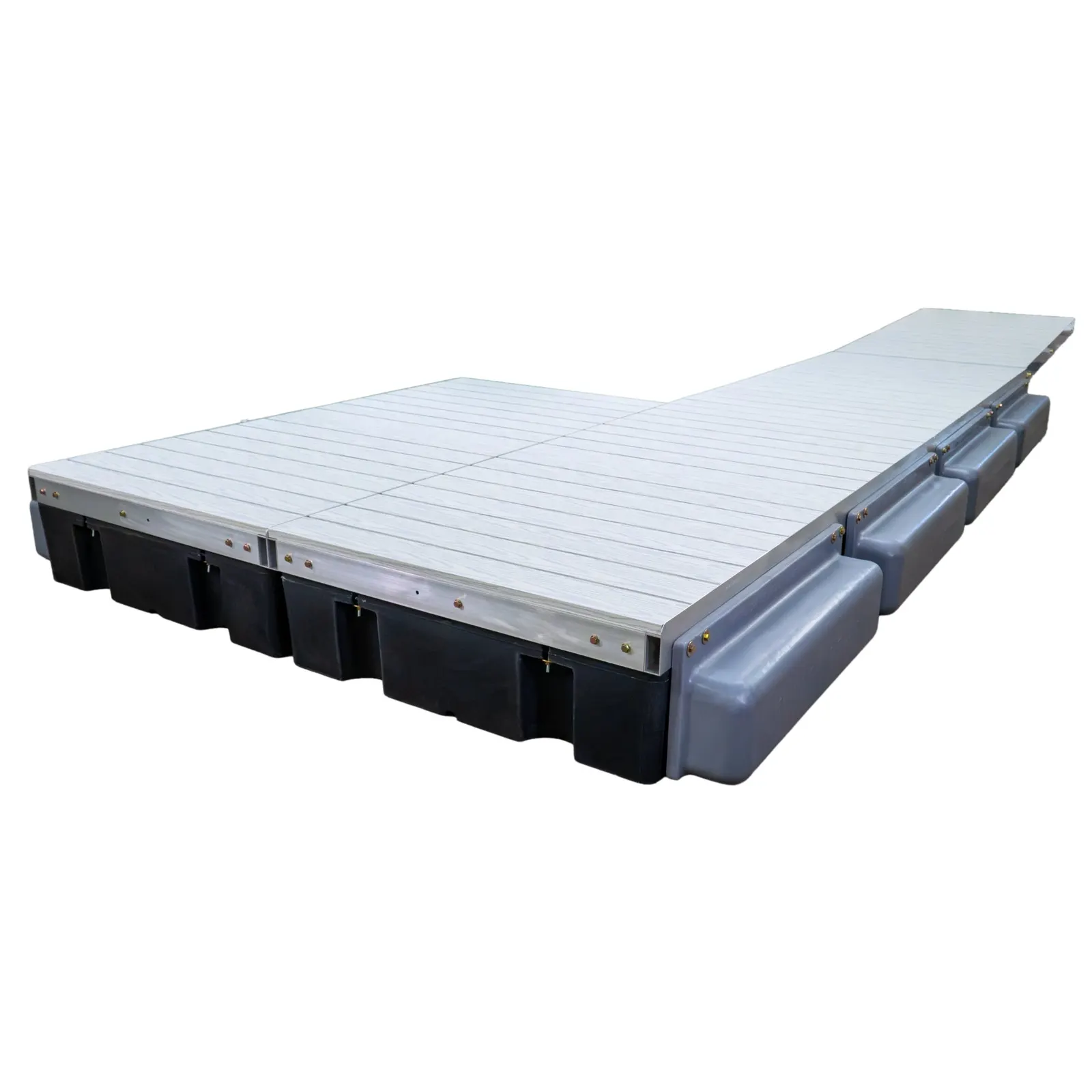 Patriot Docks patio premium floating dock rendered with gray aluminum decking