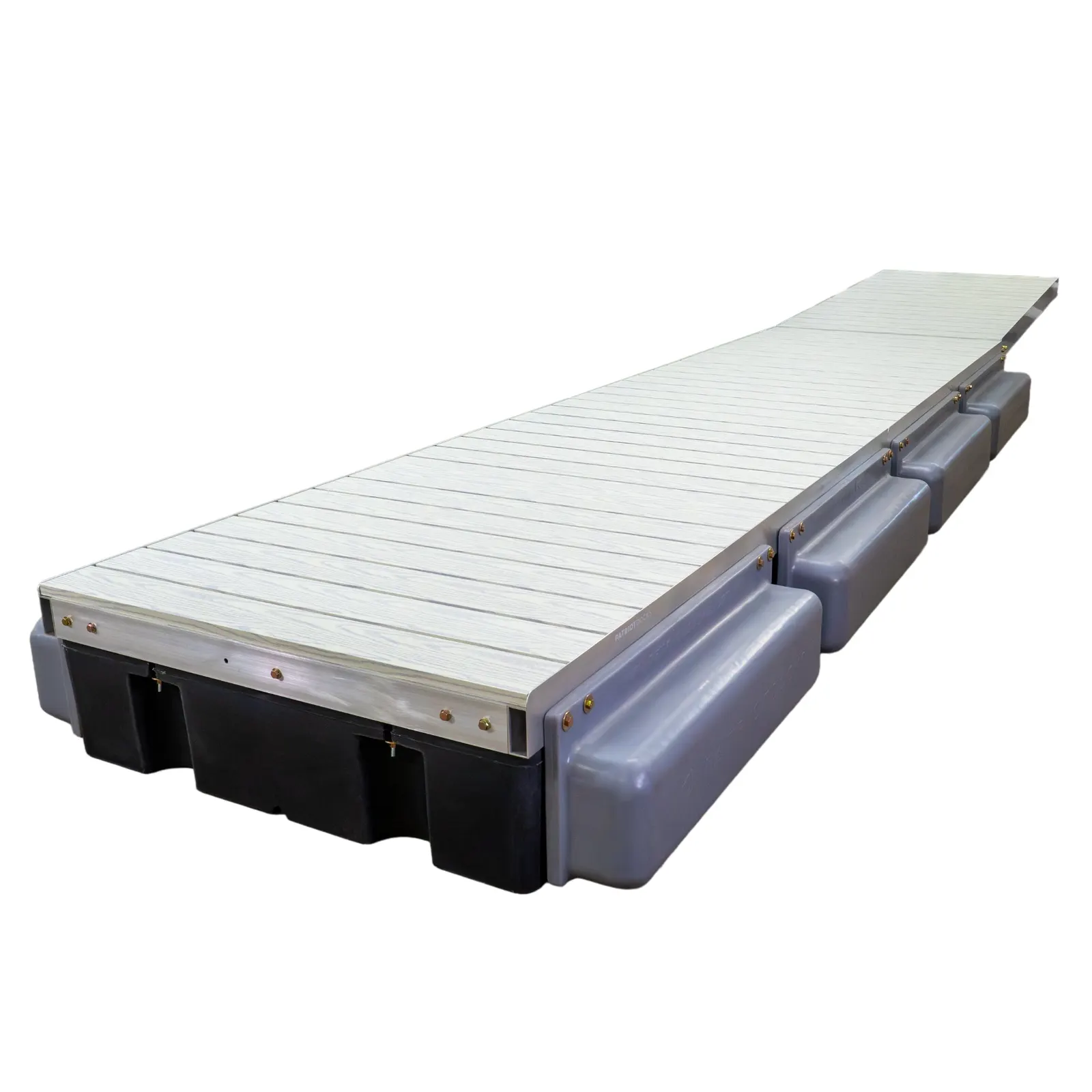 Patriot Docks straight premium floating dock rendered with gray aluminum decking