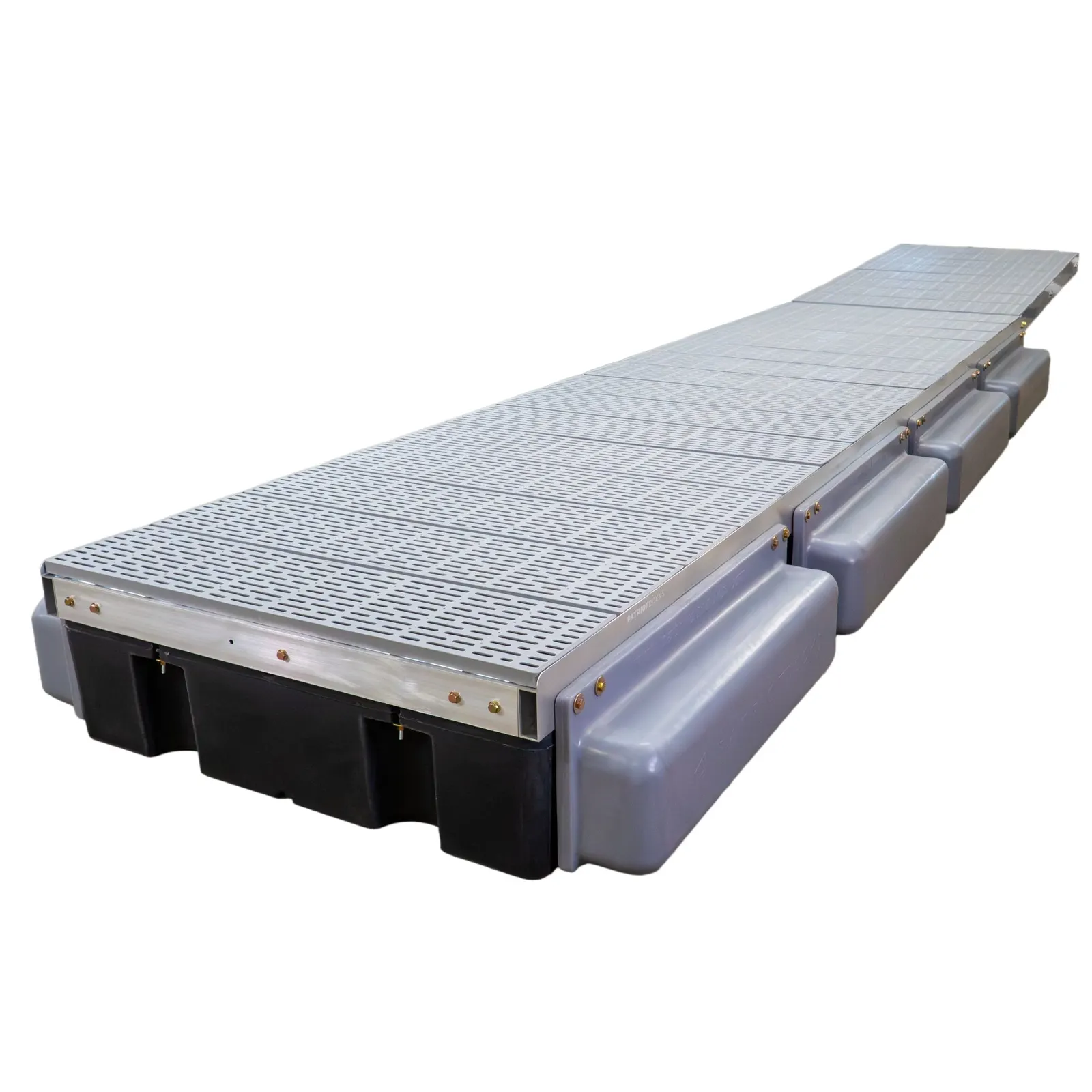 Patriot Docks straight premium floating dock rendered with gray thru-flow poly decking