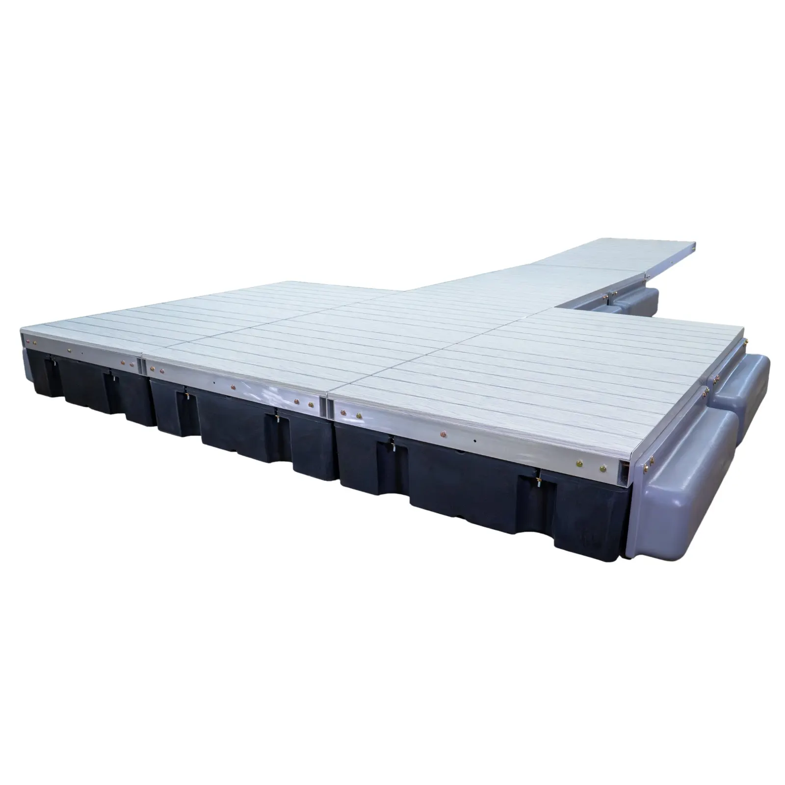 Patriot Docks T-shaped premium floating dock rendered with gray aluminum decking