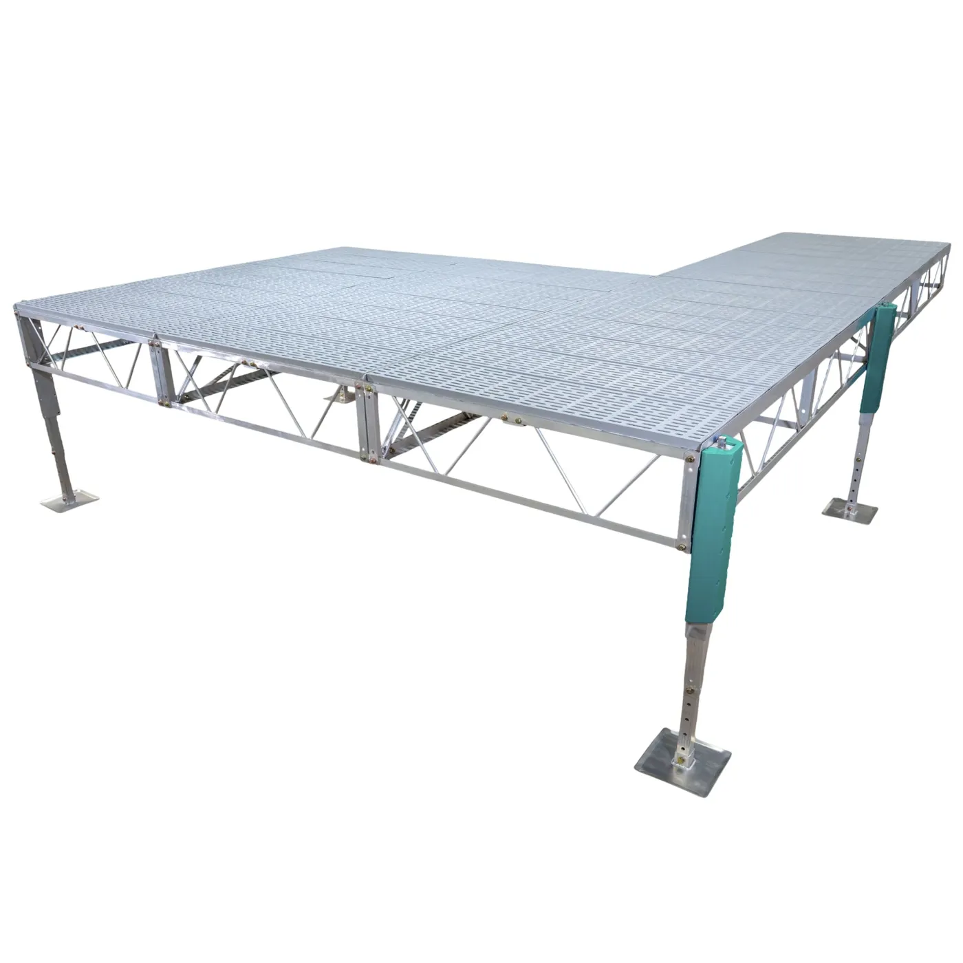 Patriot Docks double patio stationary jack dock with gray poly decking on an aluminum truss frame with adjustable jack legs, product photo