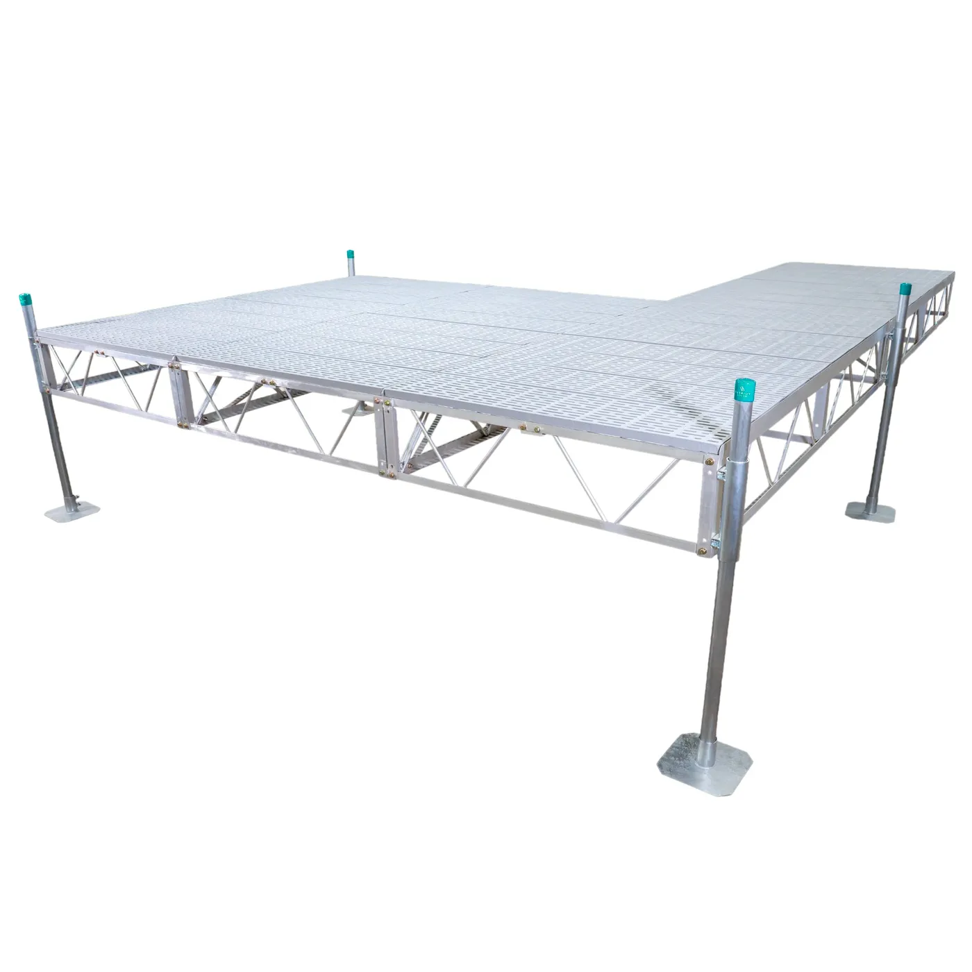 Patriot Docks double patio stationary pipe dock with gray poly decking on an aluminum truss frame with galvanized pipe legs, product photo
