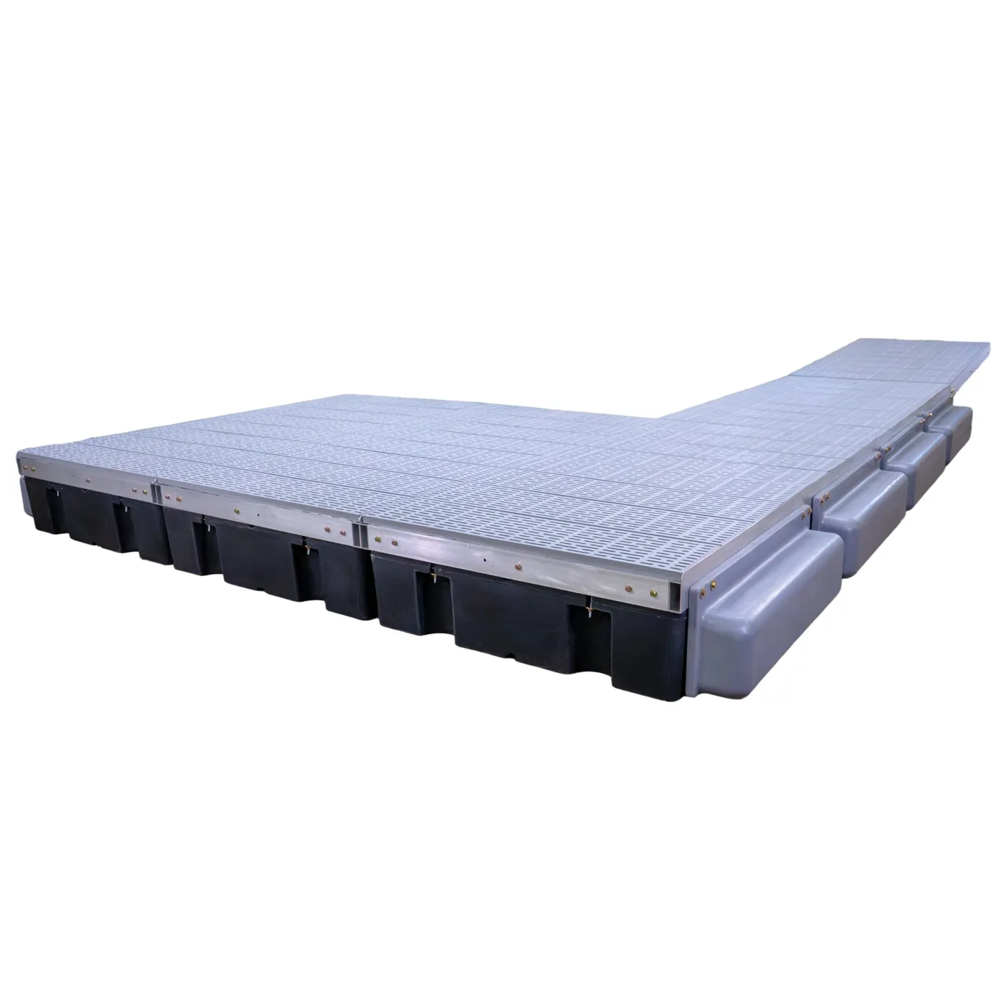 Patriot Docks double patio premium floating dock with gray poly decking on an aluminum frame, product photo