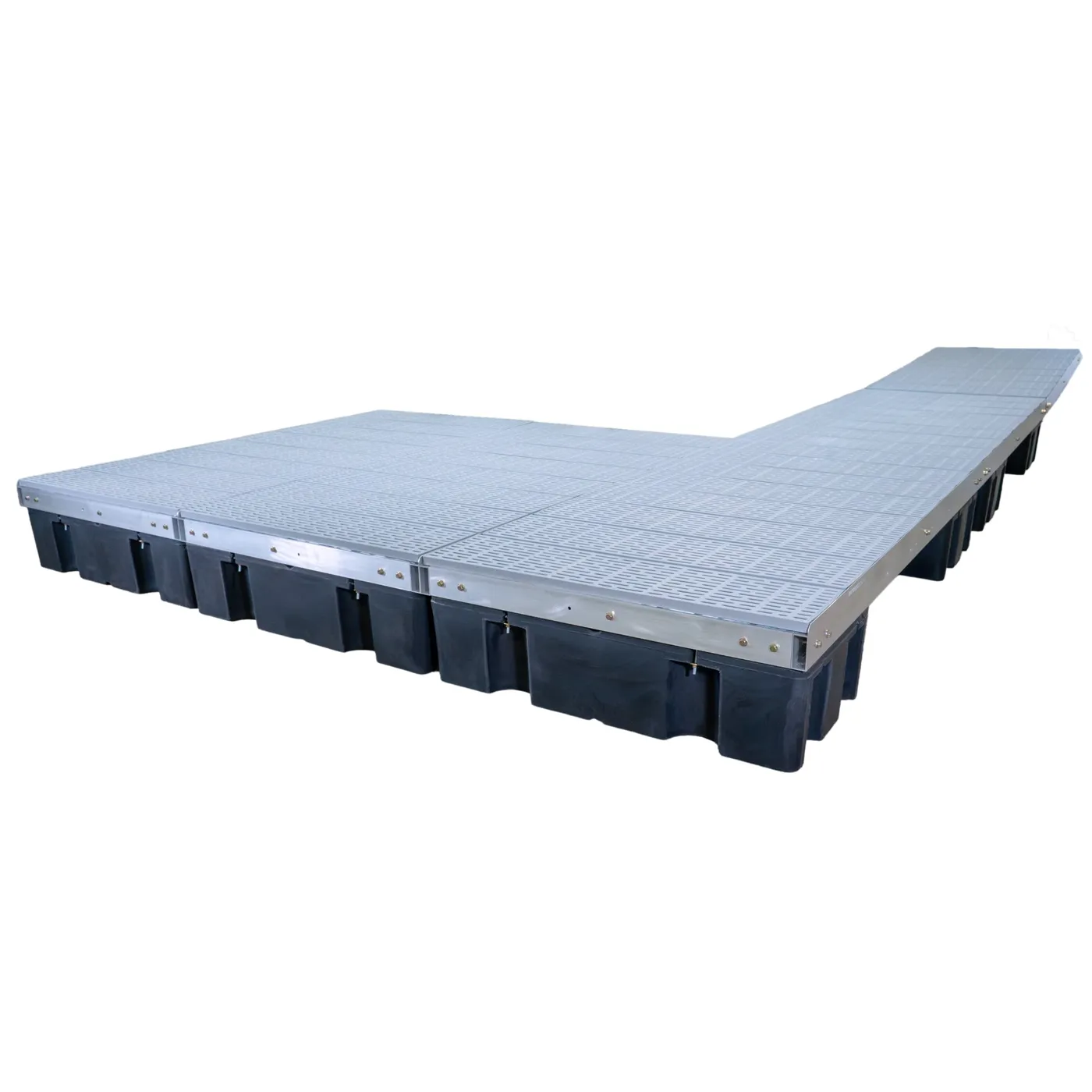 Patriot Docks double patio standard floating dock with gray poly decking on an aluminum frame, product photo