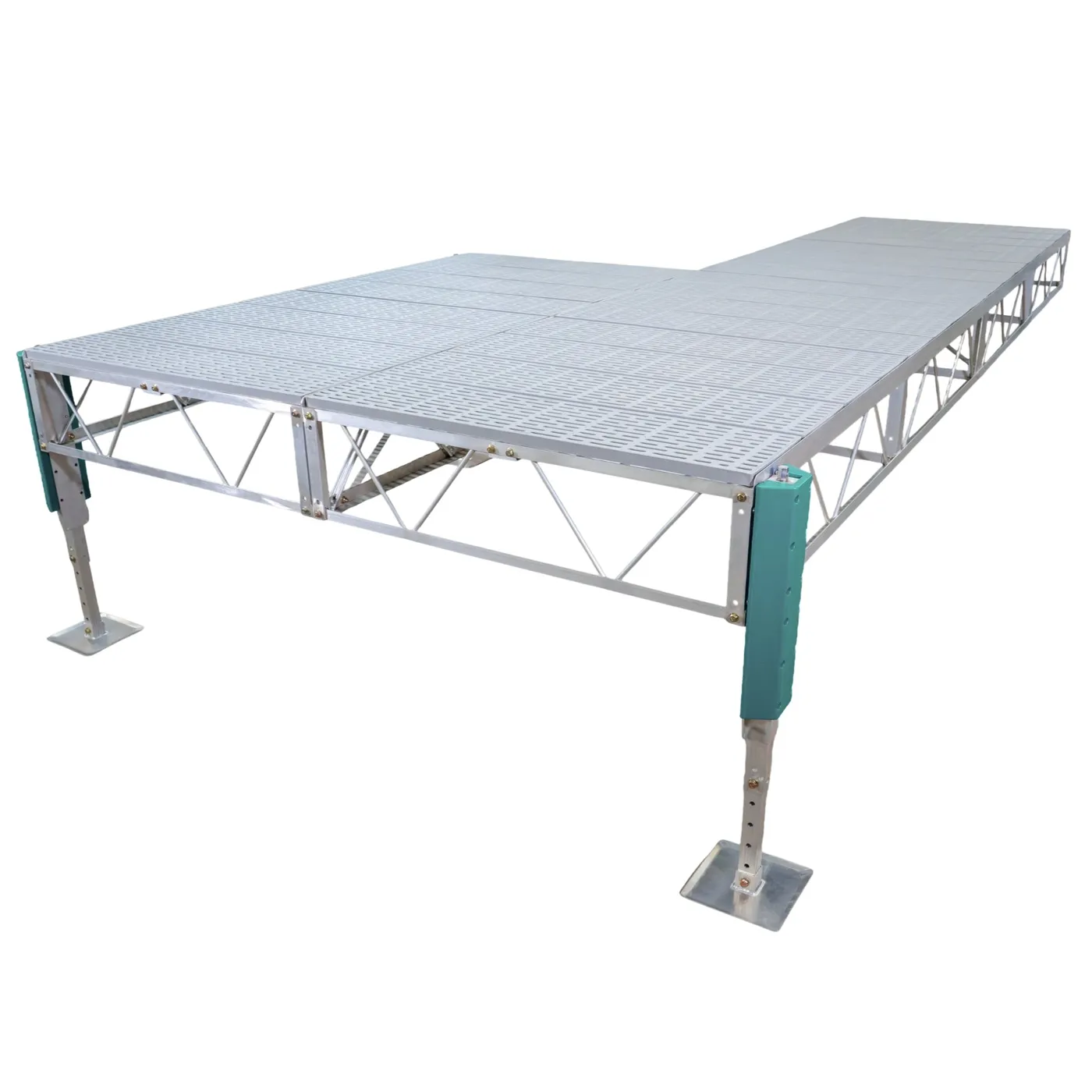 Patriot Docks patio stationary jack dock with gray poly decking on an aluminum truss frame with adjustable jack legs, product photo
