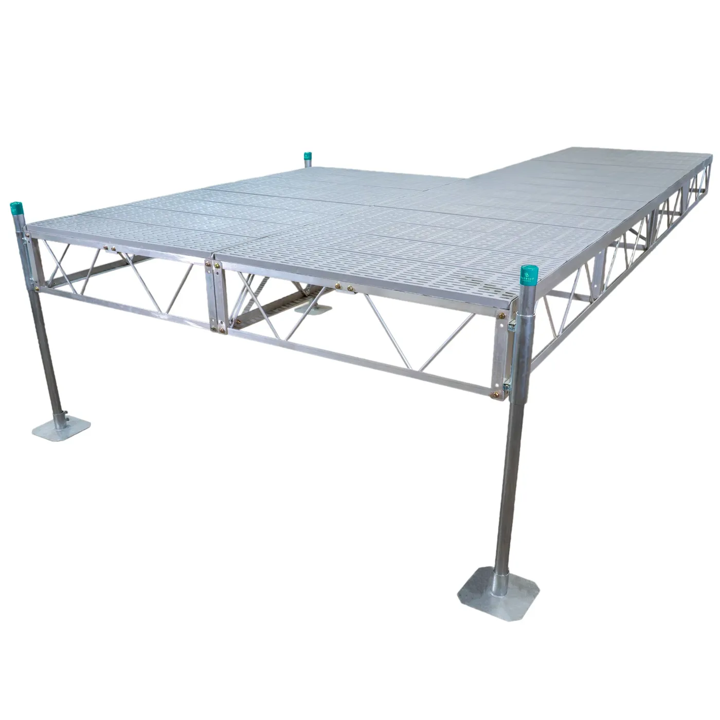 Patriot Docks patio stationary pipe dock with gray poly decking on an aluminum truss frame with galvanized pipe legs, product photo