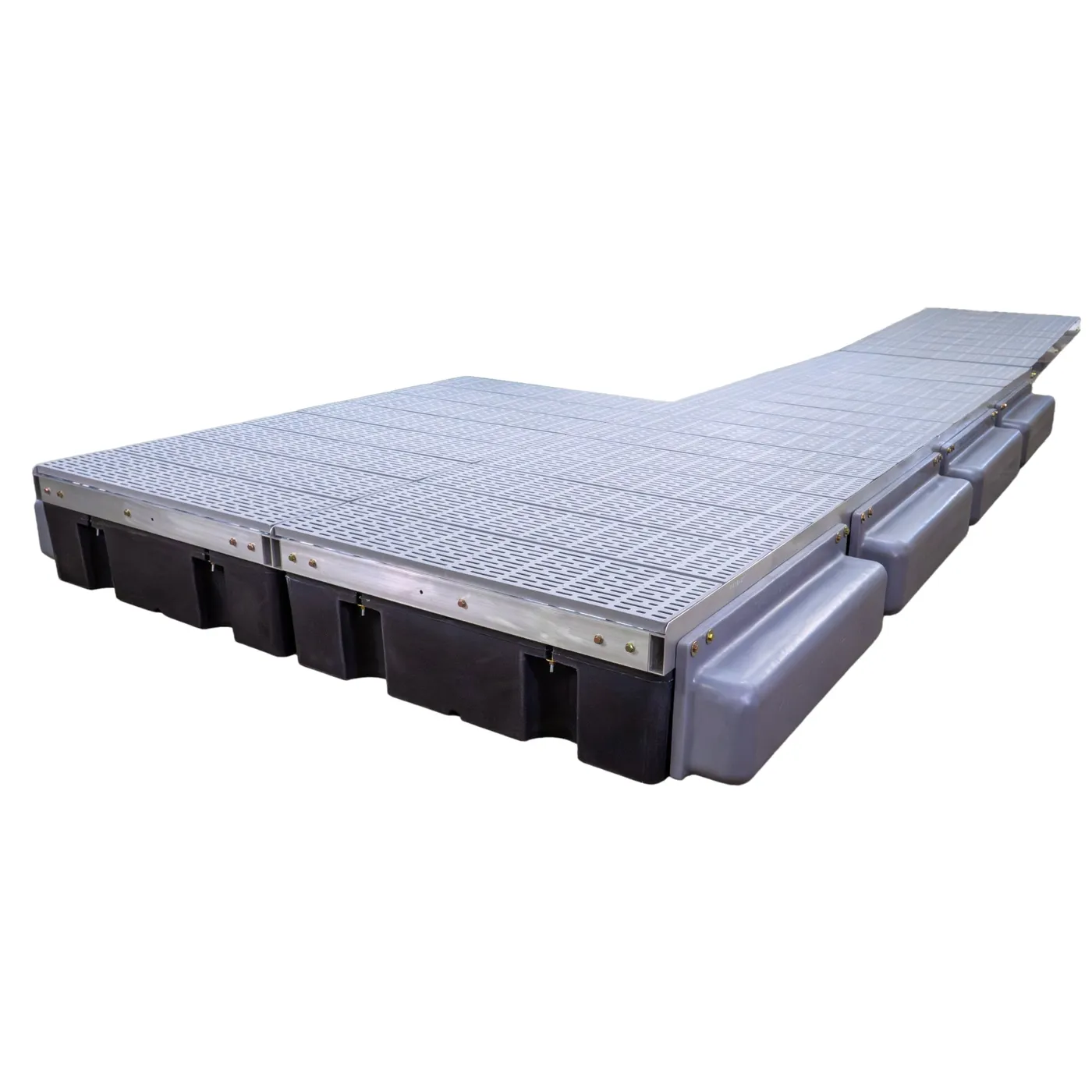 Patriot Docks patio premium floating dock with gray poly decking on an aluminum frame, product photo
