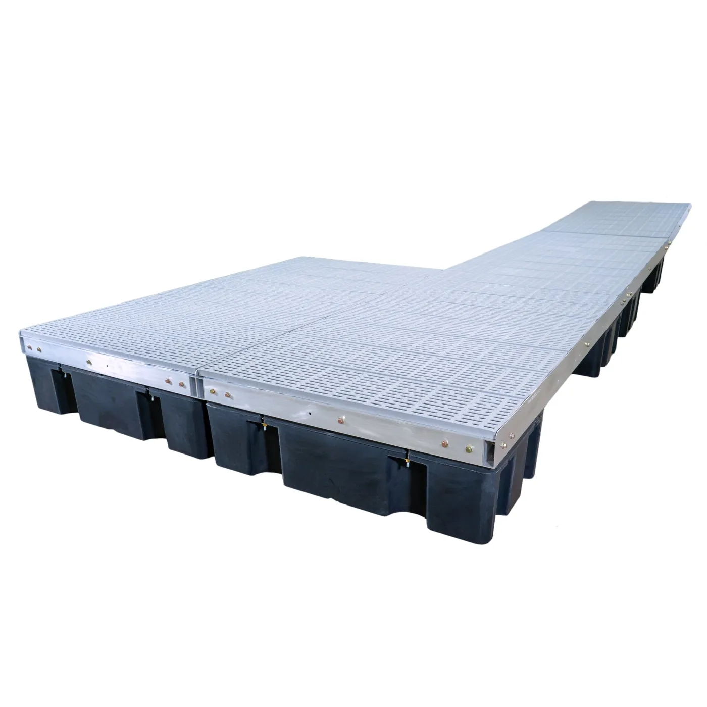 Patriot Docks patio standard floating dock with gray poly decking on an aluminum frame, product photo