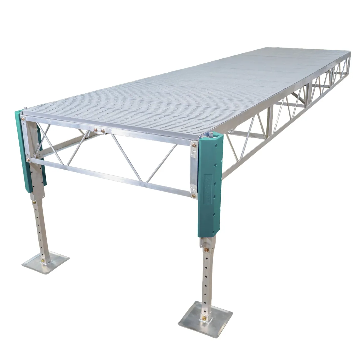 Patriot Docks straight stationary jack dock with gray poly decking on an aluminum truss frame with adjustable jack legs, product photo