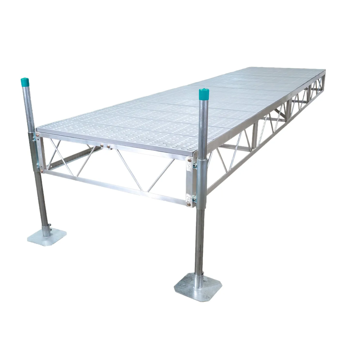 Patriot Docks straight stationary pipe dock with gray poly decking on an aluminum truss frame with galvanized pipe legs, product photo
