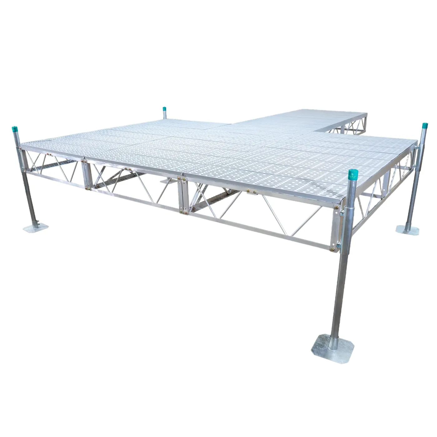 Patriot Docks t-shaped stationary pipe dock with gray poly decking on an aluminum truss frame with galvanized pipe legs, product photo