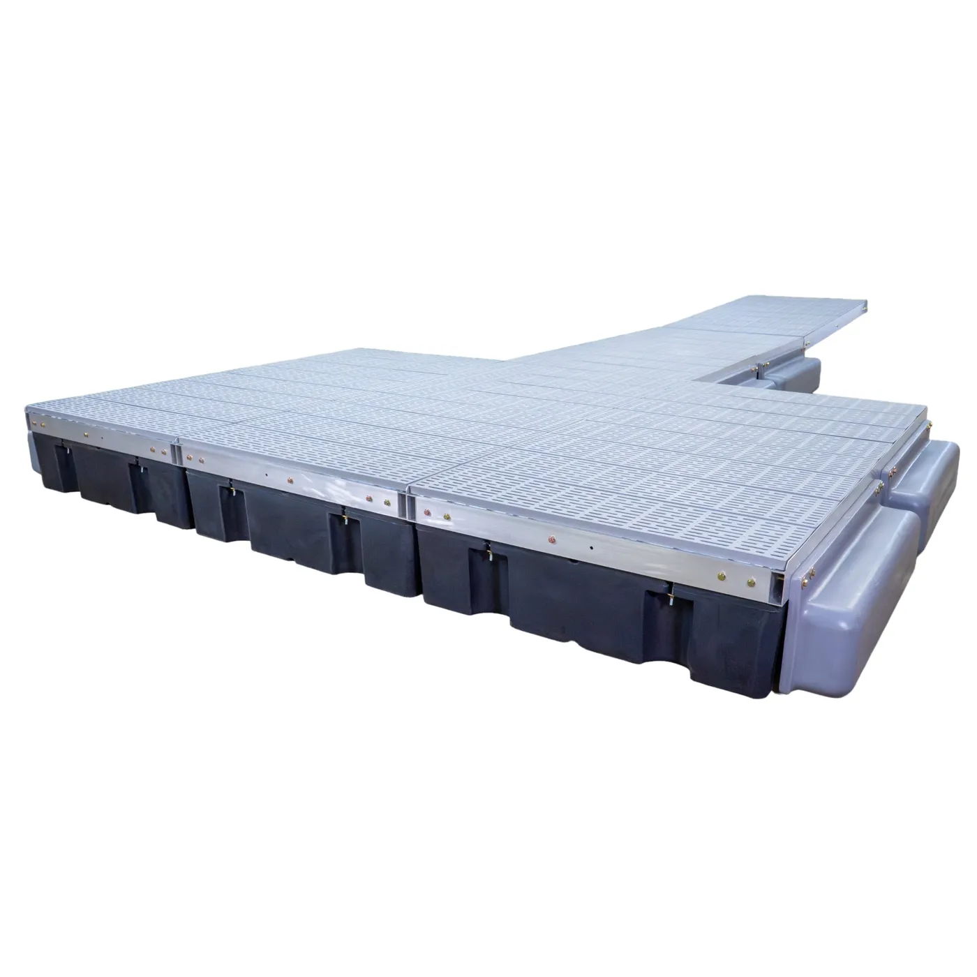 Patriot Docks T-shaped premium floating dock with gray poly decking on an aluminum frame, product photo