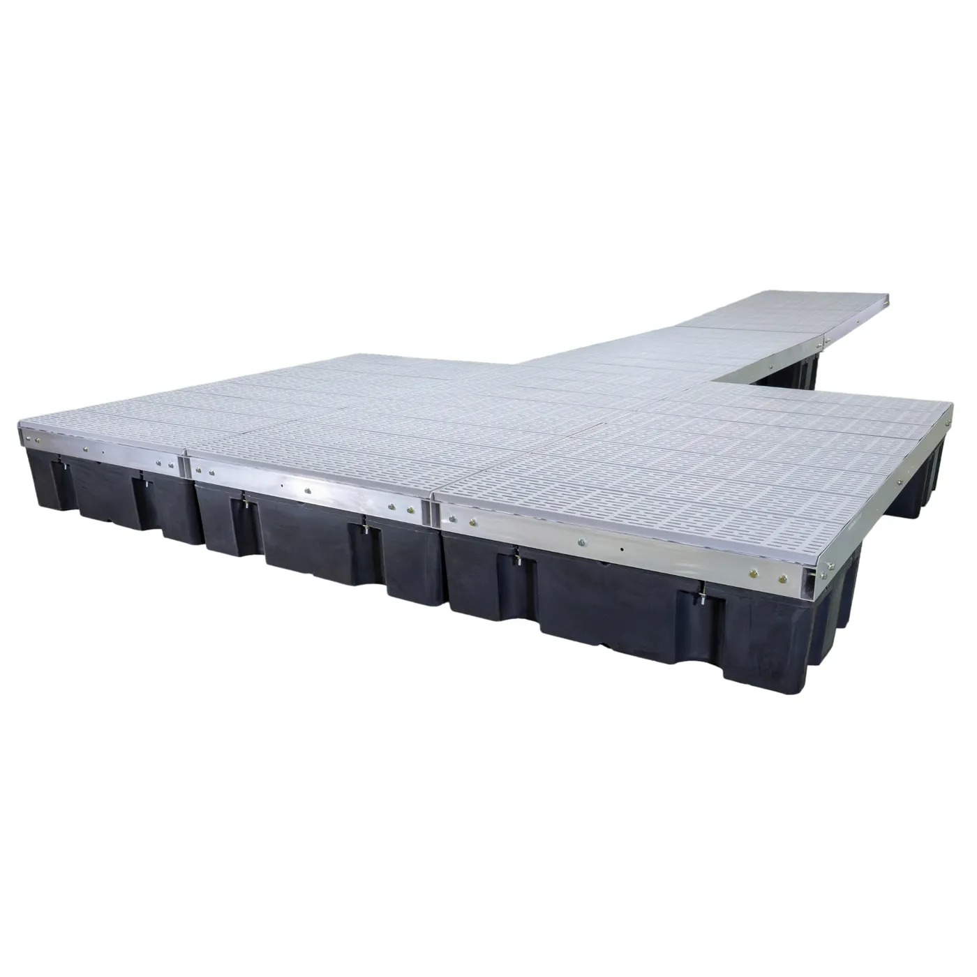Patriot Docks T-shaped standard floating dock with gray poly decking on an aluminum frame, product photo