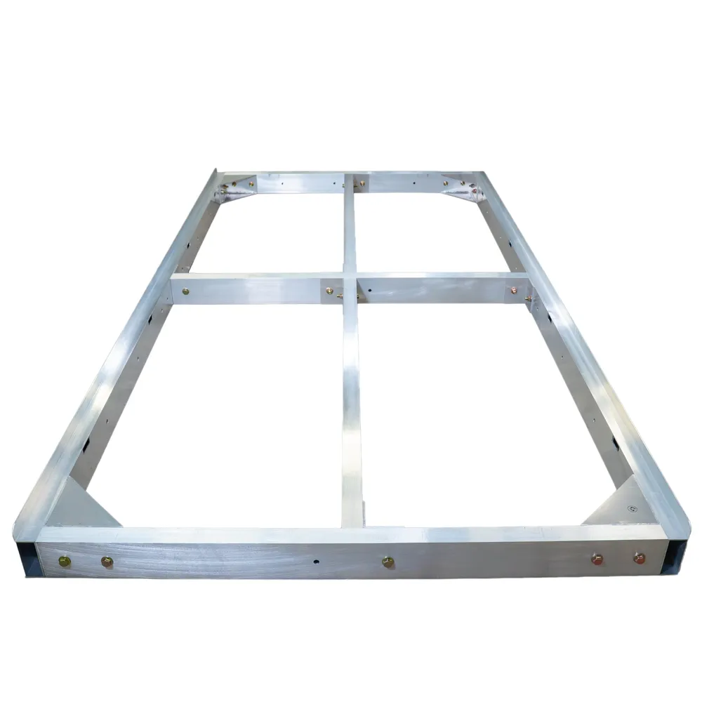 Patriot Docks bare aluminum low-profile dock frame seen end on, studio photo on white