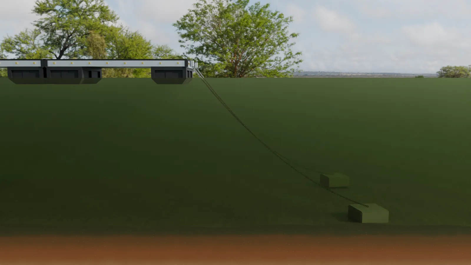 Cutaway illustration of a Patriot floating dock in deeper water, held by galvanized chains that run down at an angle from the piling sleeves to concrete weights resting on the bottom