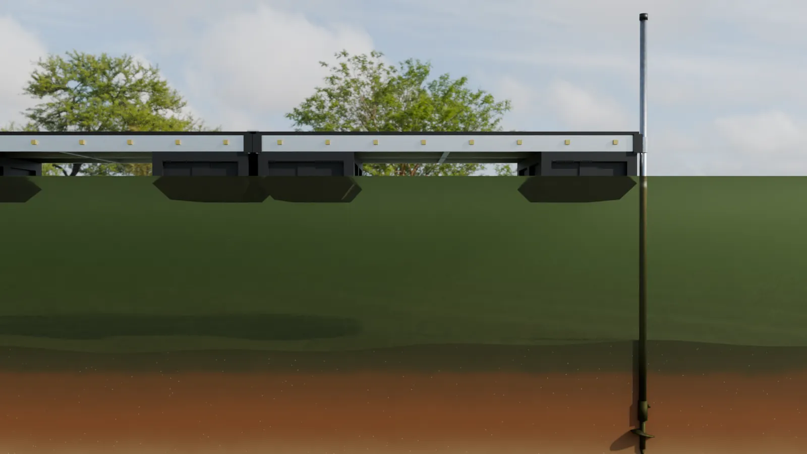 Cutaway illustration of a Patriot floating dock corner: a galvanized pipe runs through the piling sleeve on the frame, down through the water, and into the clay bottom on a screw auger