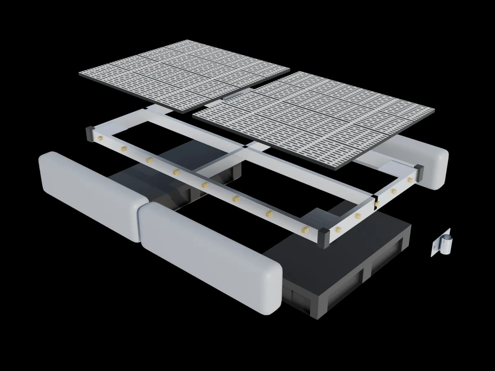Exploded illustration of one Patriot premium floating section: two deck panels above the aluminum frame, two black floats below it on J-bolt hardware, two gray side stability floats along each long side, and a piling sleeve