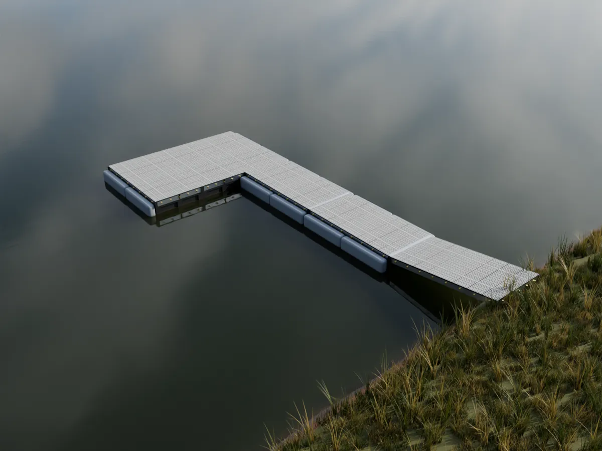 Illustration from above of a 32 ft Patriot double patio premium floating dock with a 12 by 8 ft platform set to one side