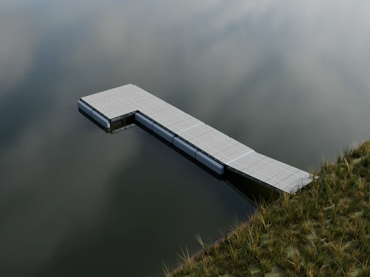 Illustration from above of a 32 ft Patriot patio premium floating dock whose last 8 ft is two frames wide