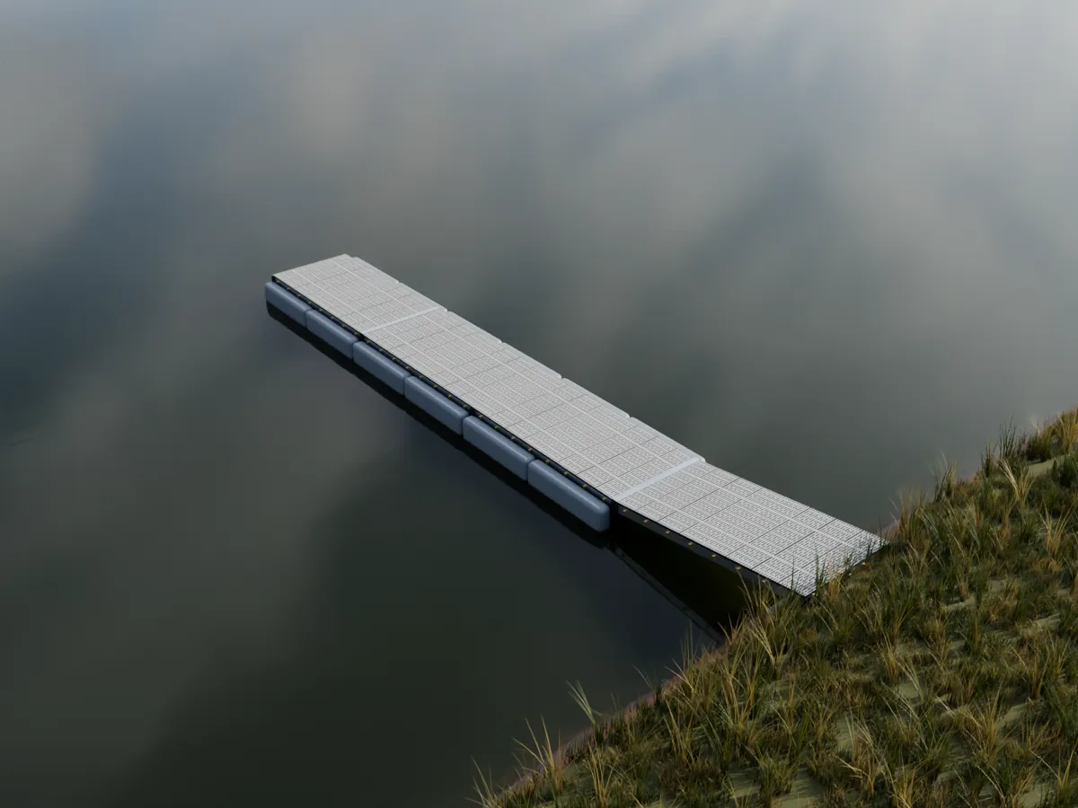 Illustration from above of a 32 ft Patriot straight premium floating dock on a pond