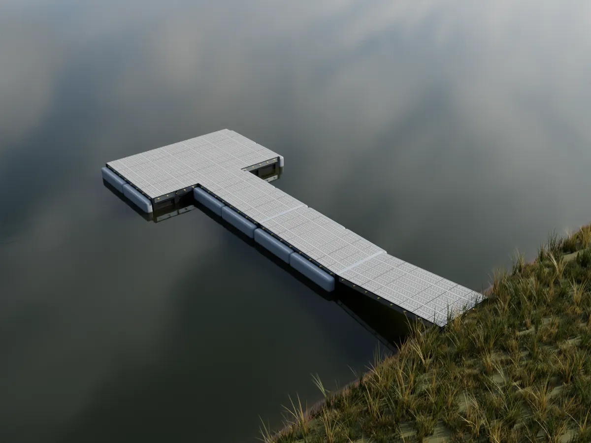 Illustration from above of a 32 ft Patriot T-shaped premium floating dock with a 12 by 8 ft platform centered across the end
